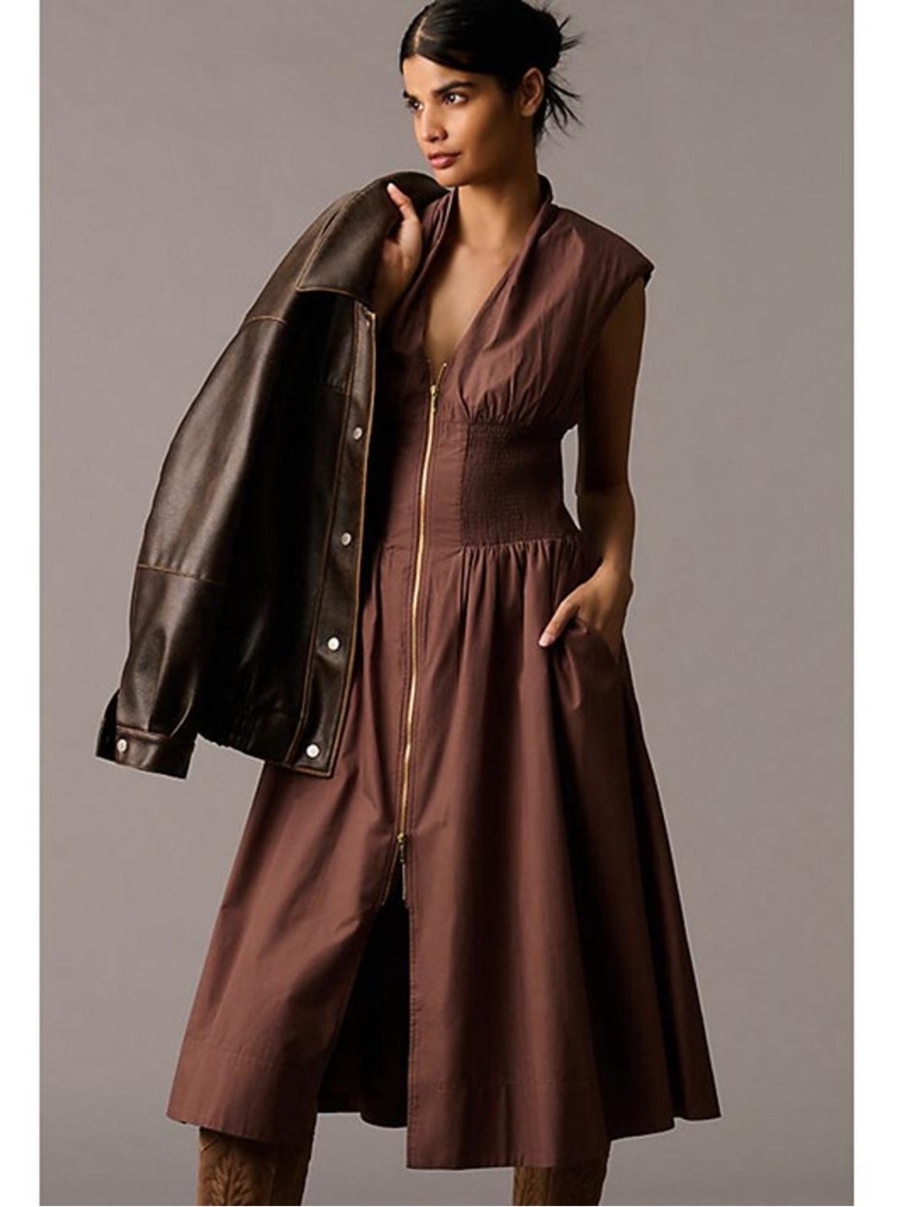 New JOIE Sleeveless Brown V-Neck Midi Dress with Front Zip Size S NWT